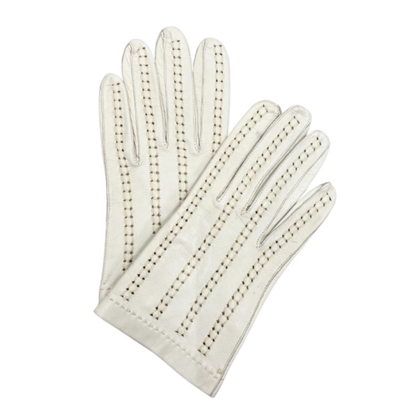 Vtg midcentury beige leather decorative lacing wrist length driving gloves 7 1/2 - Picture 3 of 16